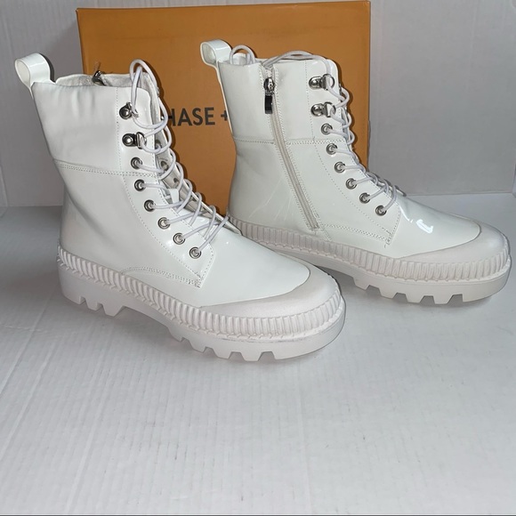 Chase And Chloe Chelsey Lug Sole White Patent Combat Boots - Picture 3 of 12